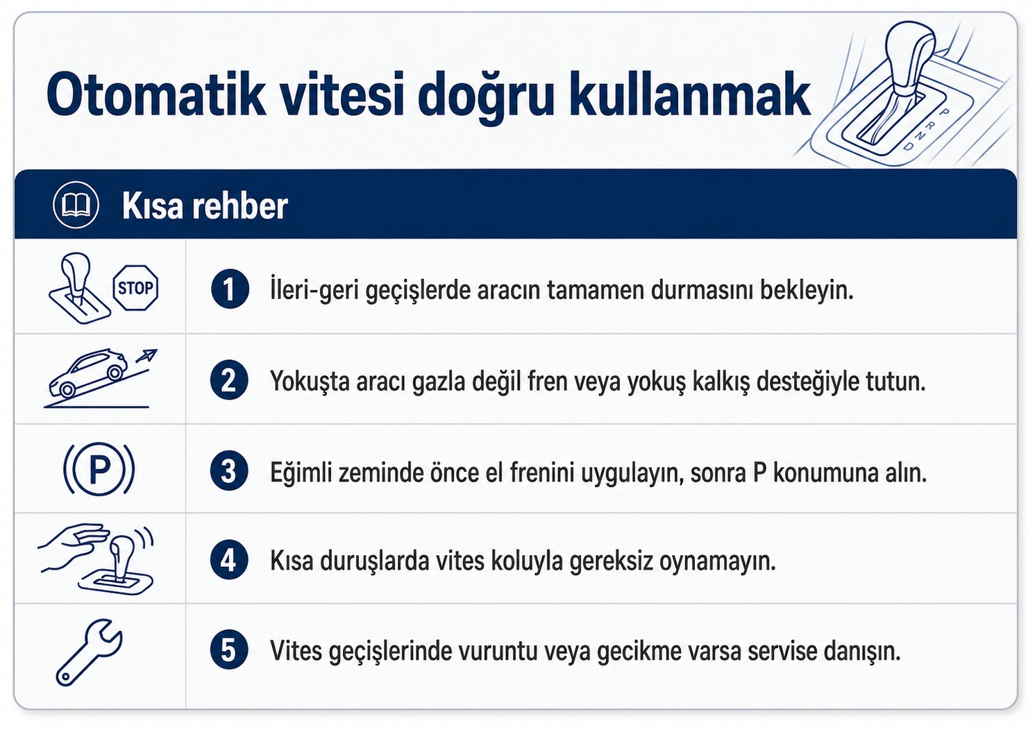 Otomatik vites için hızlı kullanım rehberi